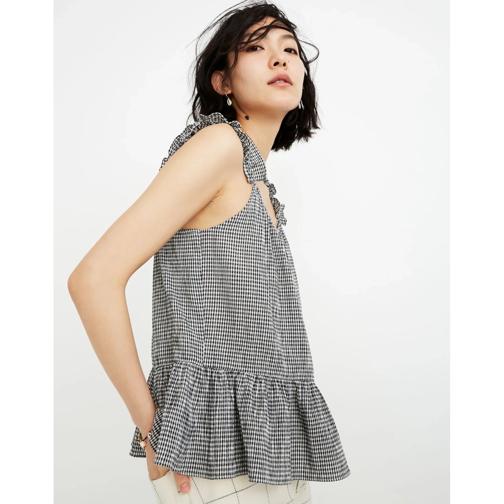 Madewell Ruffle-Strap Cami‎ Top Gingham Black White Sz 0 Cotton Cottagecore Boho